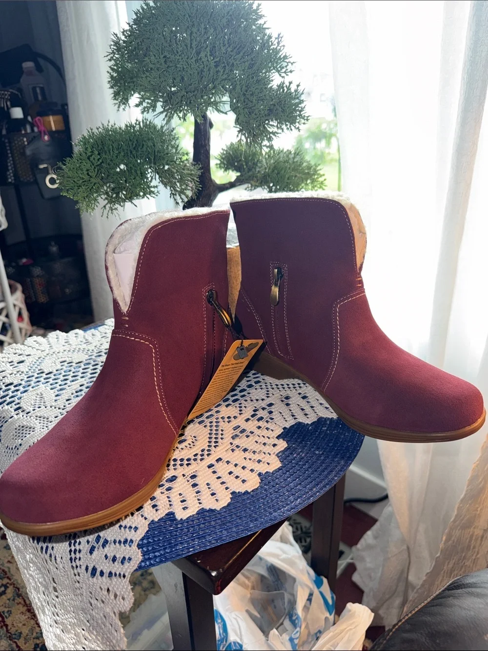 Fleece-Lined Burgundy Suede Winter Ankle Boots